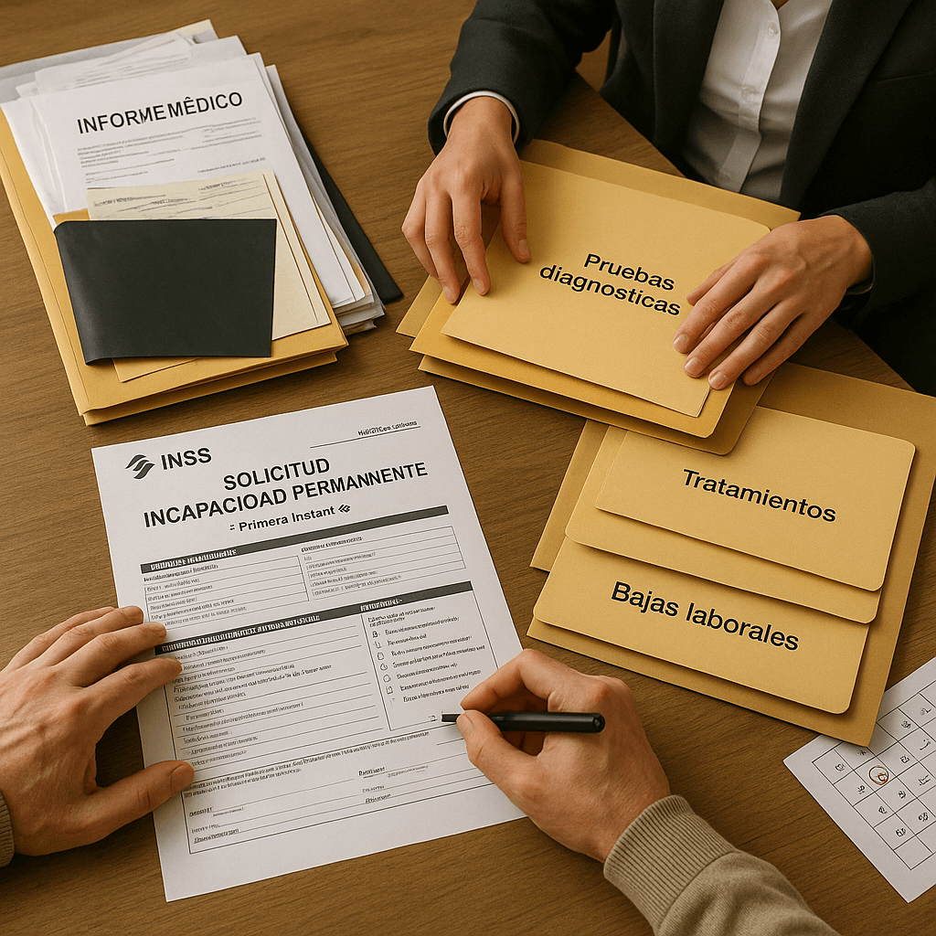 Abogado laboral revisando expediente de incapacidad laboral con documentos médicos.